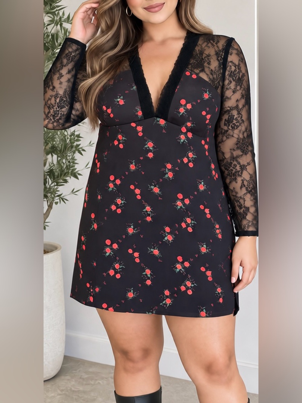 Topshop Black Coquette Mini Dress with Red Floral Print and Lace Sleeves